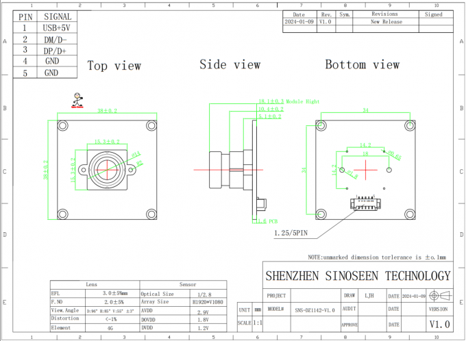 Sinoseen USB Camera Module with 2.9μm pixel size and customizable dimensions