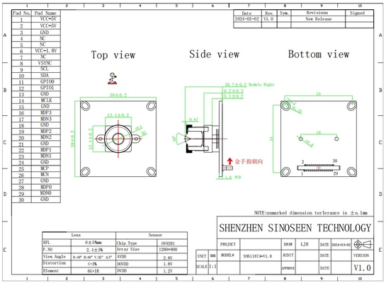 Smart Transportation System MIPI Camera Module with 1280*800 Fixed Focus and 120FPS Frame Rate using OV9281 720P CMOS